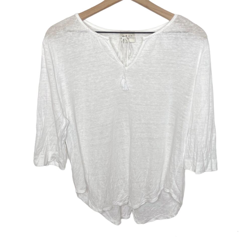 WRAP of LONDON Boho Beachy Linen Tassel Tie Front Casual Top Tunic White US 10